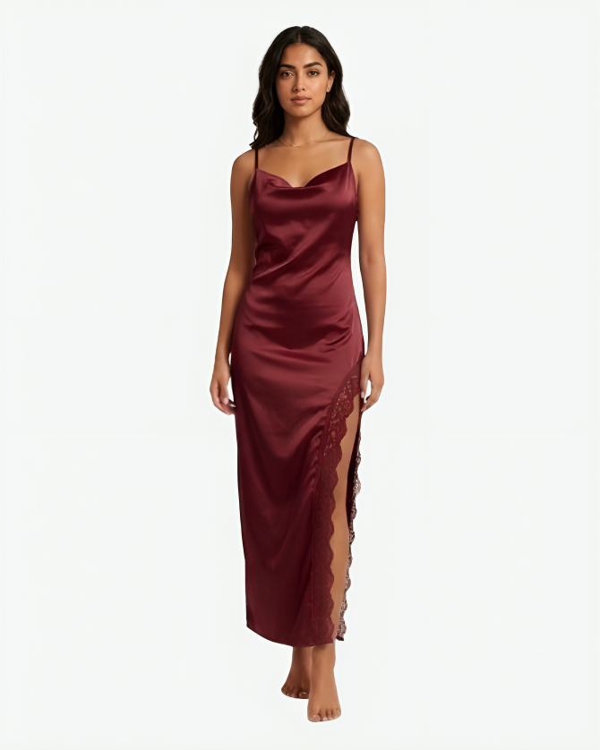 Long Satin Nightgown with Cowl Neck & Lace Side Slit