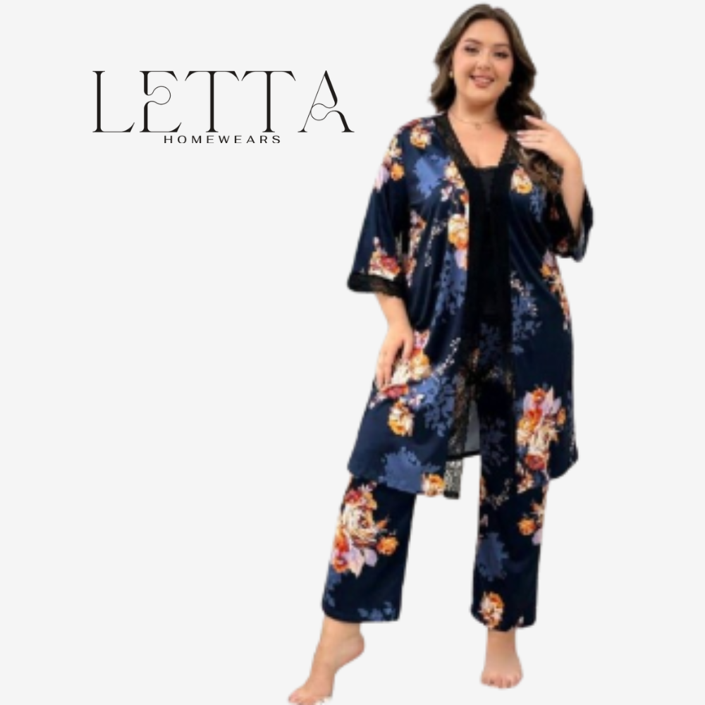 Luxury Plus Size 3-Piece Navy Floral Lounge Set