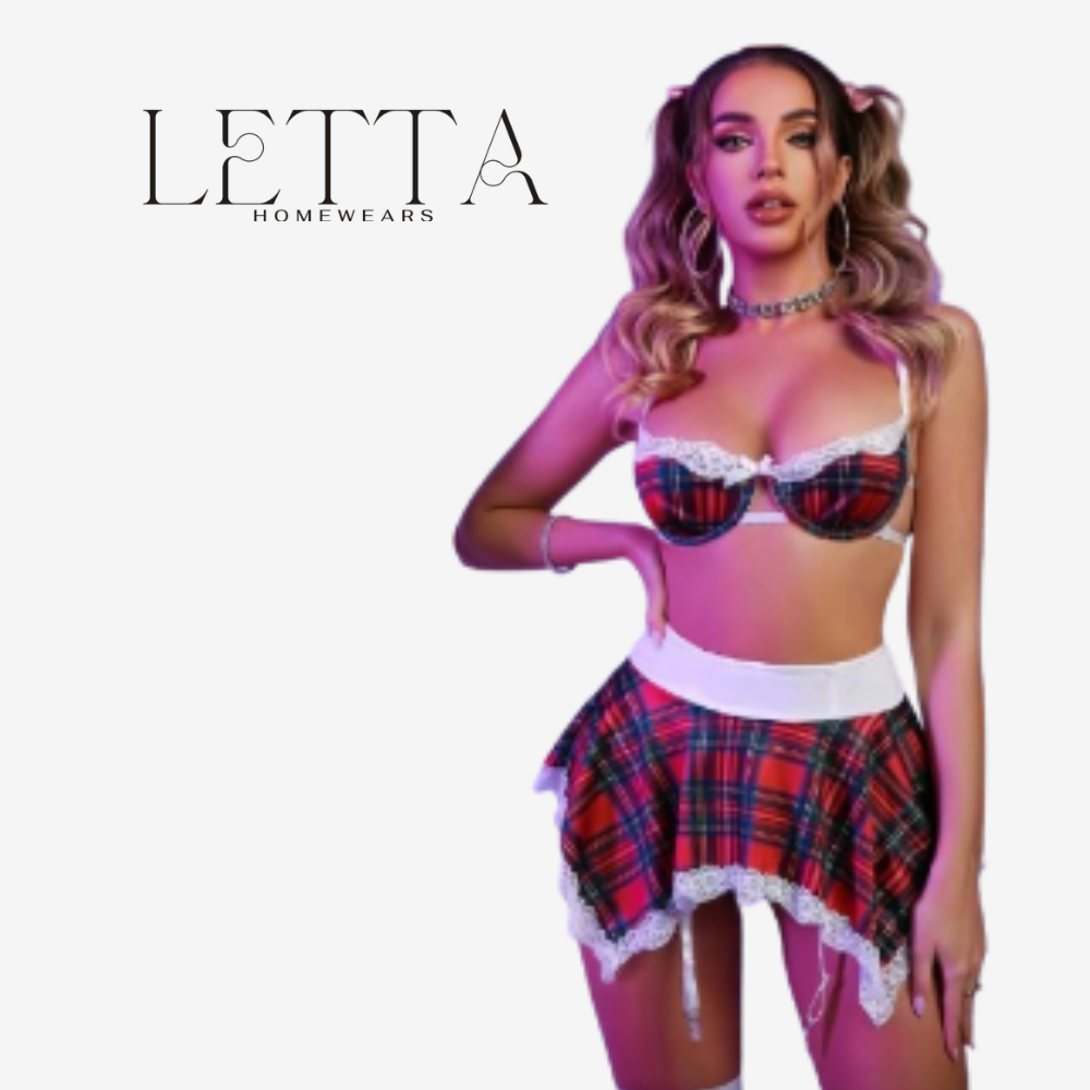 Classic Red Plaid Schoolgirl Lingerie Set